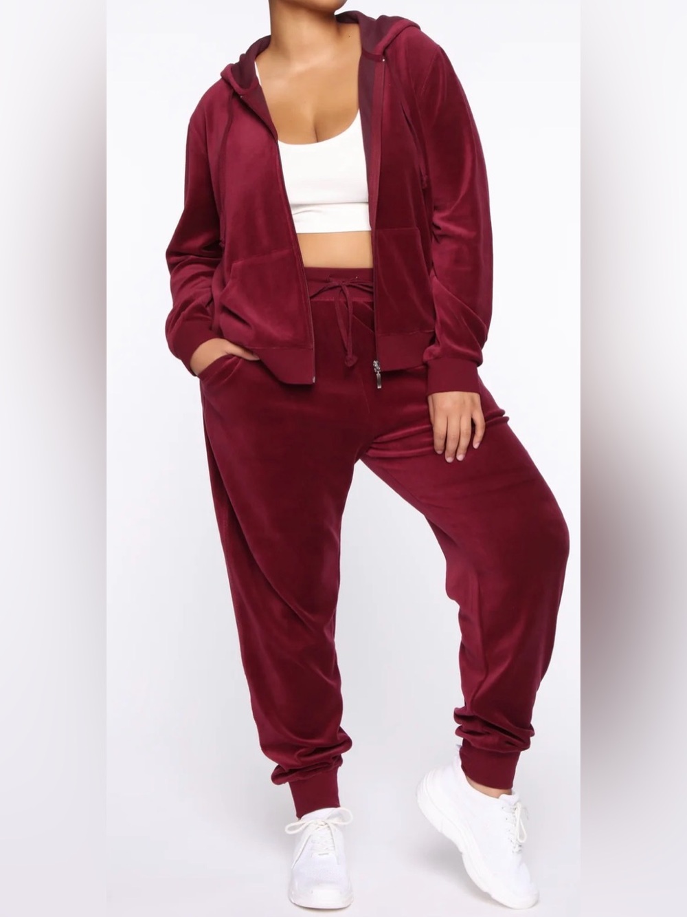 Women's Velour Zip Hoodie & Drawstring Joggers - Burgundy